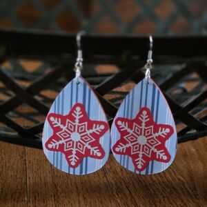 Hand Crafted Blue and Red Snowflake Teardrop Earrings